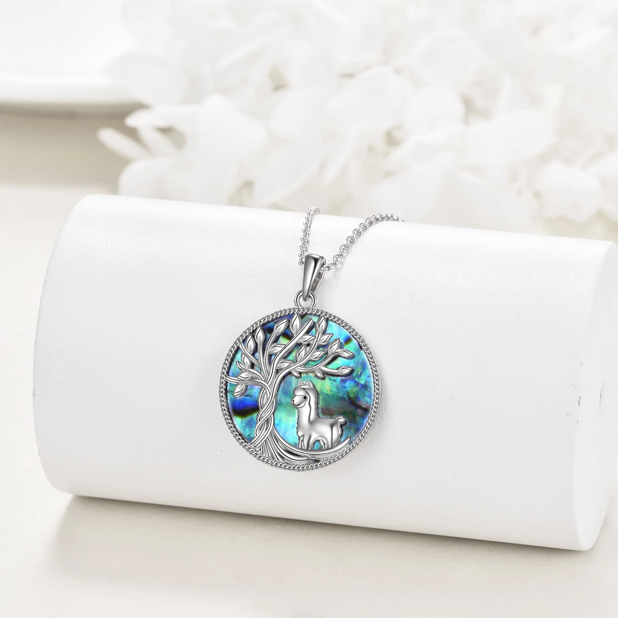 Tree of Life Alpaca Necklace Sterling Silver with Abalone Shell Animal Alpaca Pendant Jewelry Birthday Anniversary Mothers Valentines Day Gifts for Women