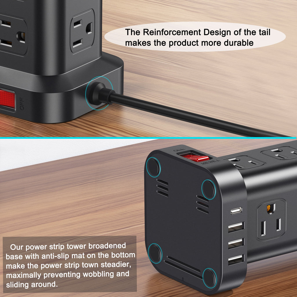 Torre De Regleta Con 12 Tomacorrientes Y 4 Puertos USB, Protector Contra Sobretensiones, Estación De Carga Eléctrica, Cable De 6.5 Ft, Negro