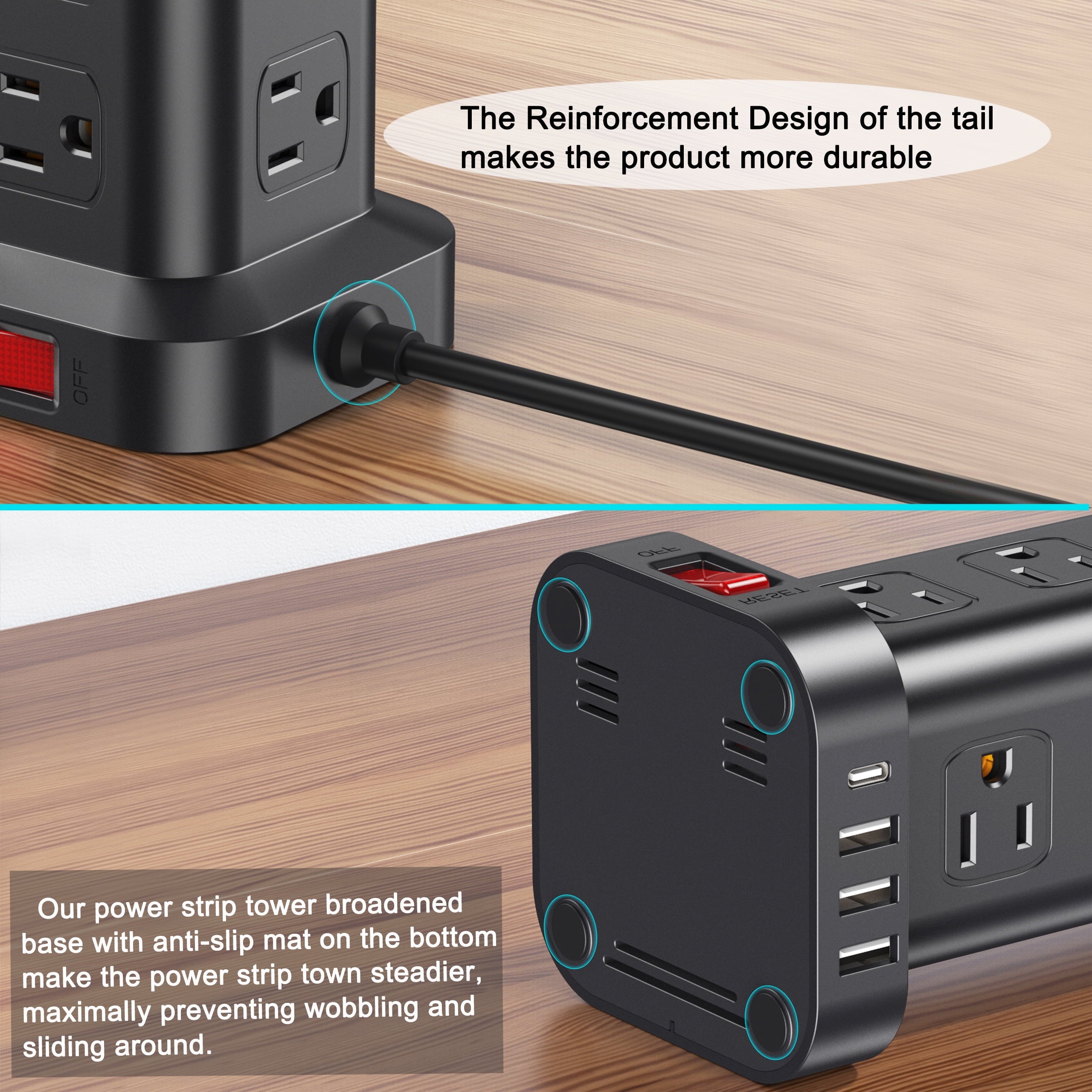 Torre De Regleta Con 12 Tomacorrientes Y 4 Puertos USB, Protector Contra Sobretensiones, Estación De Carga Eléctrica, Cable De 6.5 Ft, Negro