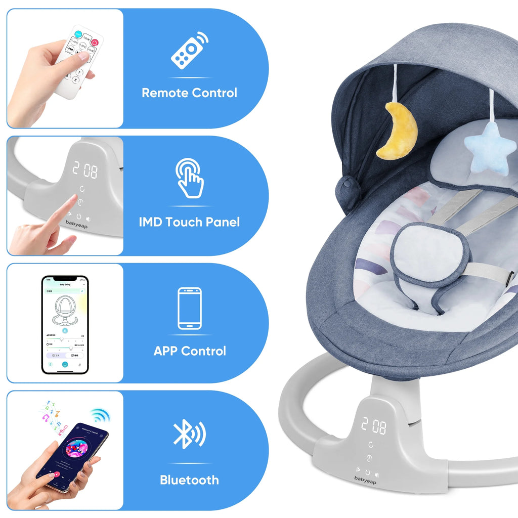 Baby Swing Para Bebés - Control Remoto Por APP Bluetooth, 5 Configuraciones De Velocidad, 10 Nanas, Enchufe USB (Azul)
