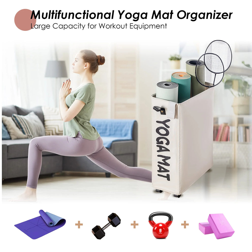 Estante De Almacenamiento Para Tapetes De Yoga, Soporte Grande Para Tapetes De Yoga De 22'', Accesorios Para Almacenamiento De Equipo De Gimnasio En Casa, Organización De Equipo De Entrenamiento Con Ruedas, Blanco