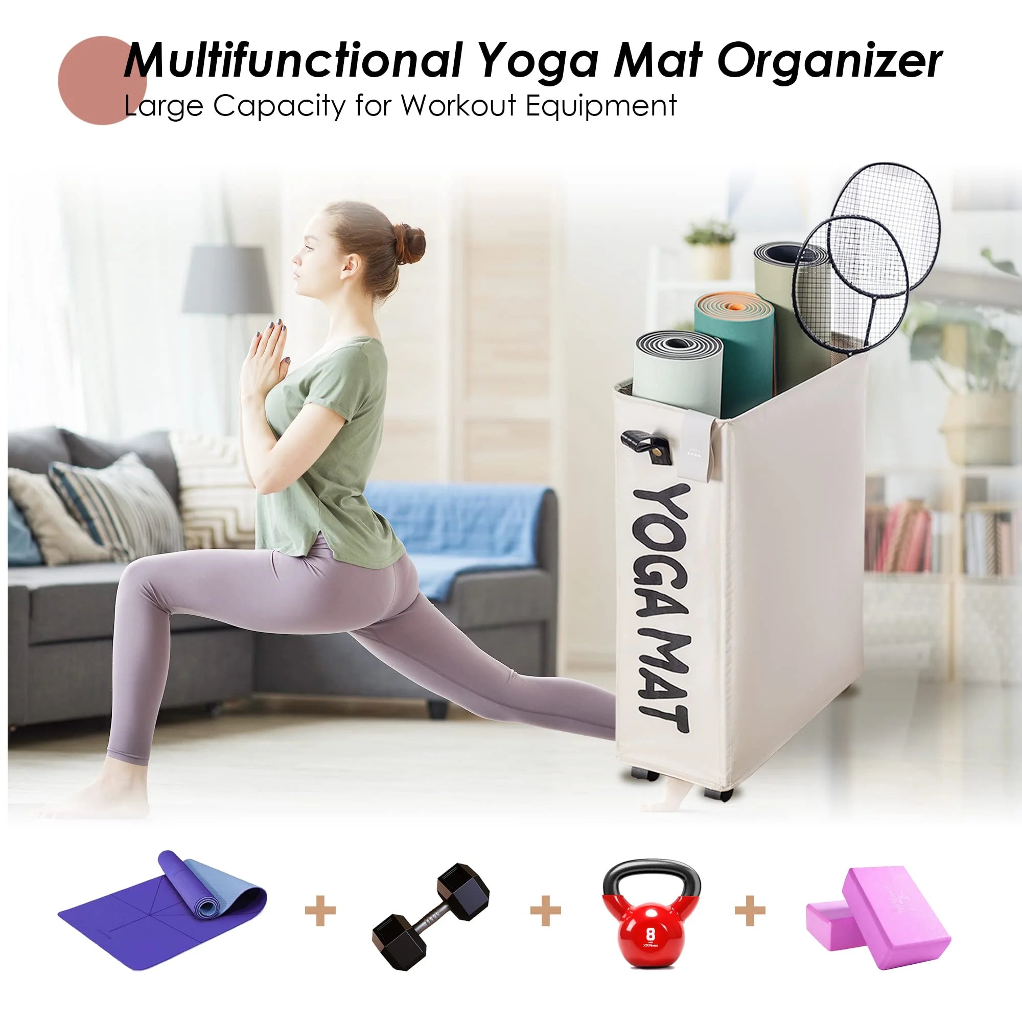 Estante De Almacenamiento Para Tapetes De Yoga, Soporte Grande Para Tapetes De Yoga De 22'', Accesorios Para Almacenamiento De Equipo De Gimnasio En Casa, Organización De Equipo De Entrenamiento Con Ruedas, Blanco