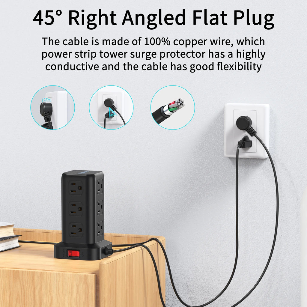 Torre De Regleta Con 12 Tomacorrientes Y 4 Puertos USB, Protector Contra Sobretensiones, Estación De Carga Eléctrica, Cable De 6.5 Ft, Negro