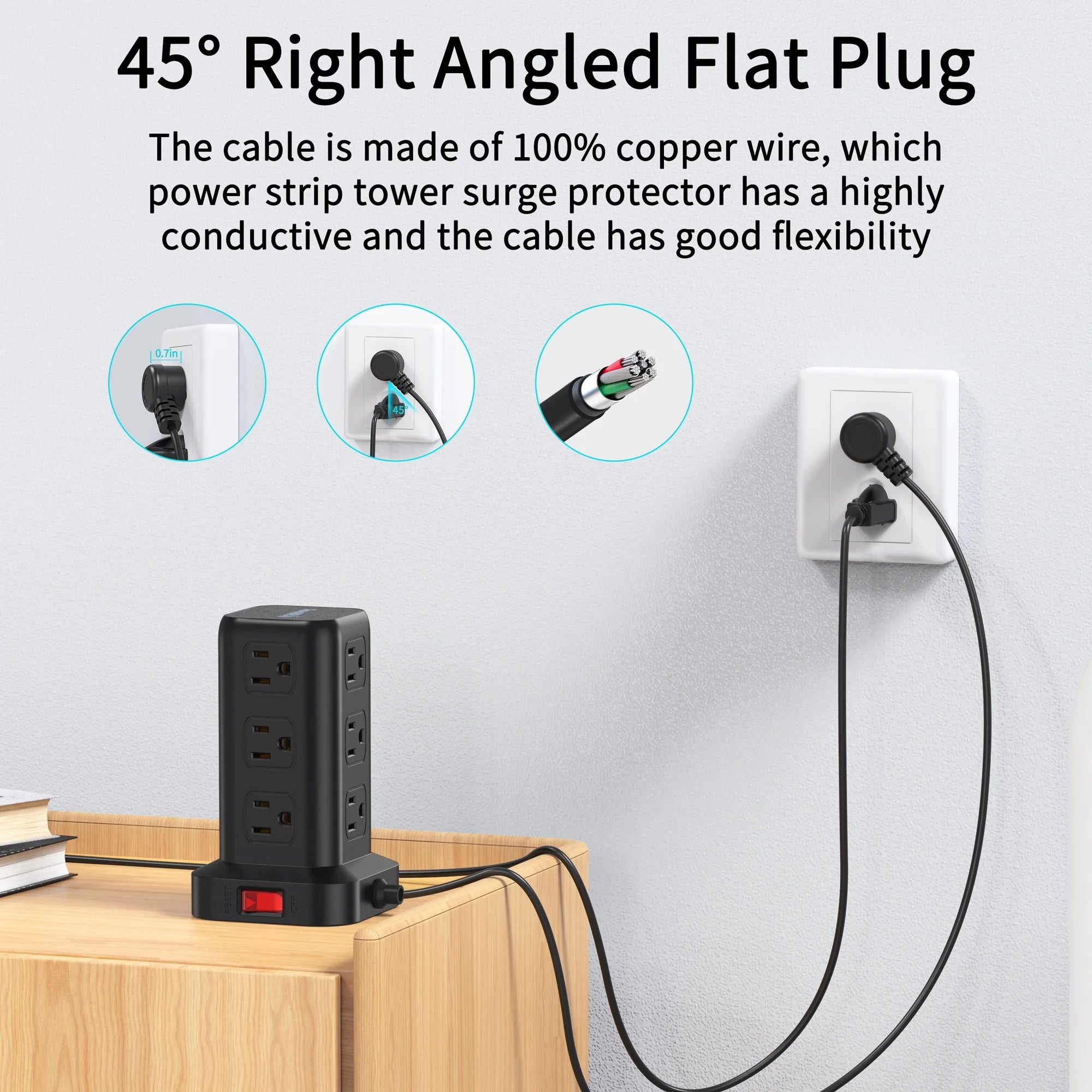 Torre De Regleta Con 12 Tomacorrientes Y 4 Puertos USB, Protector Contra Sobretensiones, Estación De Carga Eléctrica, Cable De 6.5 Ft, Negro