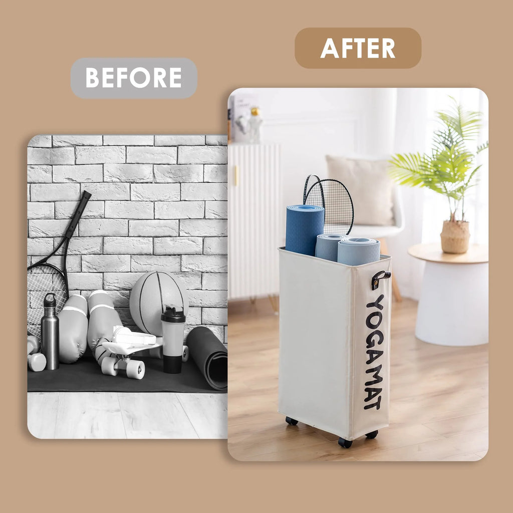 Estante De Almacenamiento Para Tapetes De Yoga, Soporte Grande Para Tapetes De Yoga De 22'', Accesorios Para Almacenamiento De Equipo De Gimnasio En Casa, Organización De Equipo De Entrenamiento Con Ruedas, Blanco