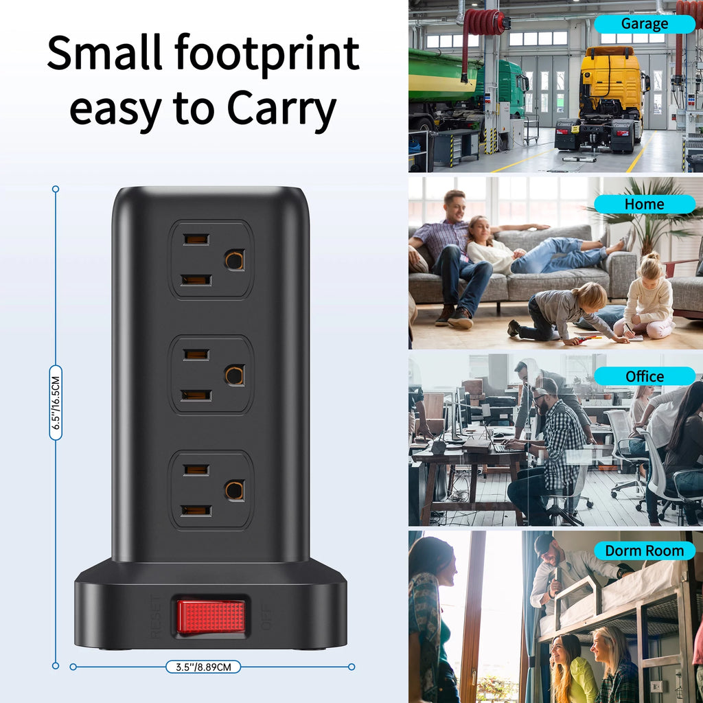 Torre De Regleta Con 12 Tomacorrientes Y 4 Puertos USB, Protector Contra Sobretensiones, Estación De Carga Eléctrica, Cable De 6.5 Ft, Negro