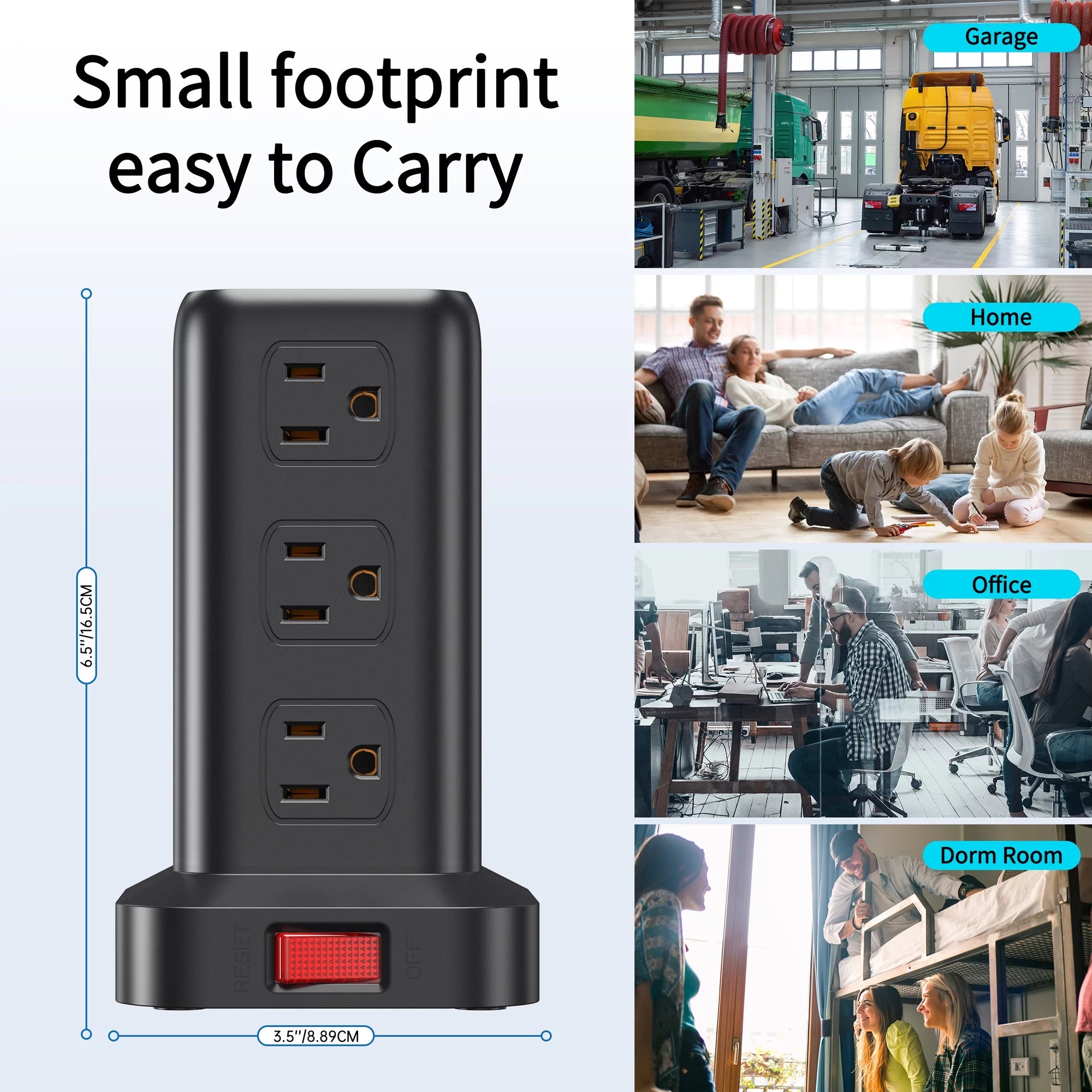 Torre De Regleta Con 12 Tomacorrientes Y 4 Puertos USB, Protector Contra Sobretensiones, Estación De Carga Eléctrica, Cable De 6.5 Ft, Negro