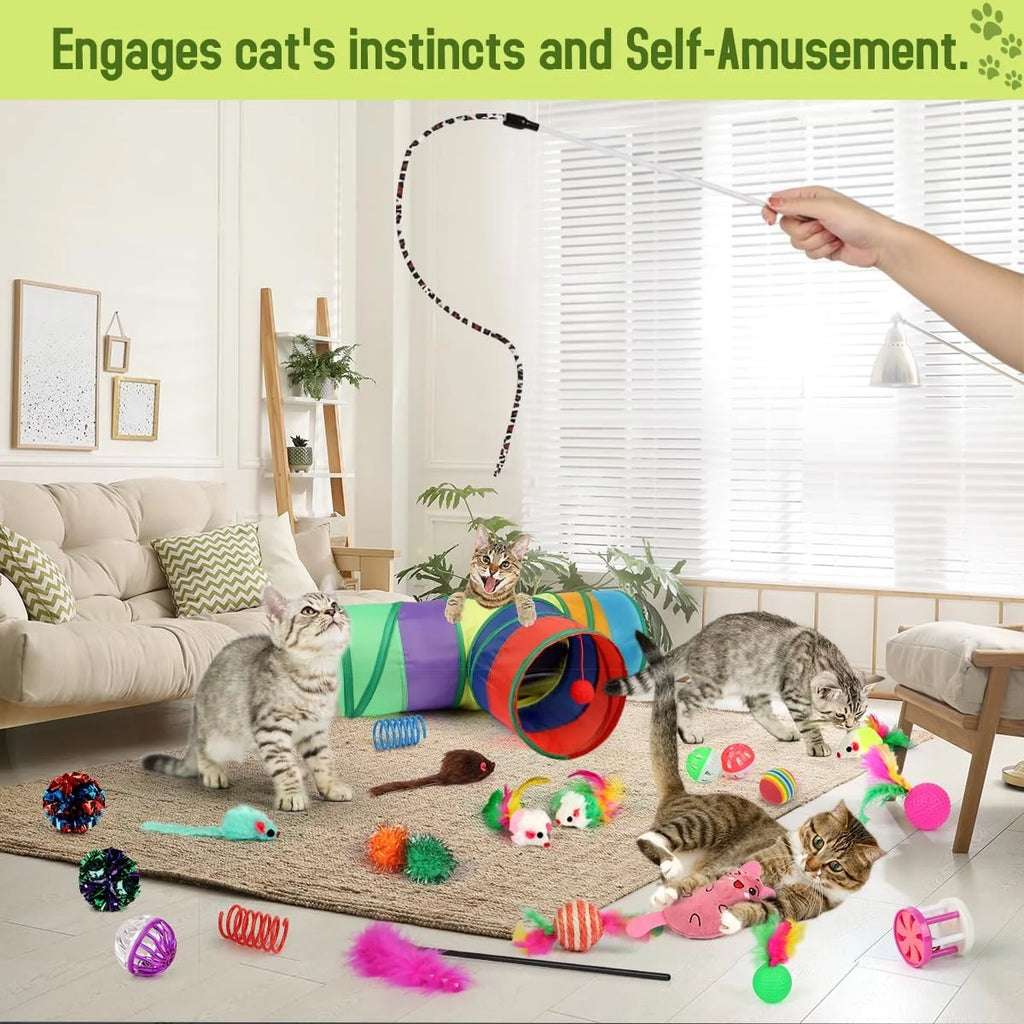 32 Pzas De Juguetes Para Gatos, Variedad Interactiva De Juguetes De Catnip Con Túnel Arcoíris Plegable, Juguete De Plumas Y Bolas Arrugadas Para Gatos, Gatitos, Cachorros