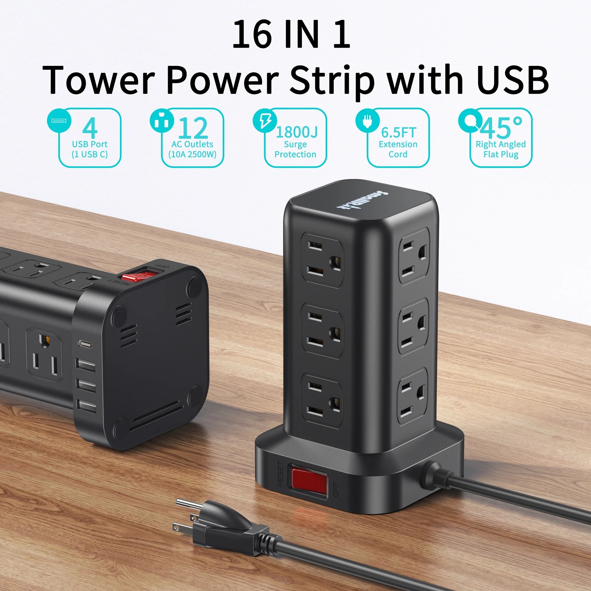 Torre De Regleta Con 12 Tomacorrientes Y 4 Puertos USB, Protector Contra Sobretensiones, Estación De Carga Eléctrica, Cable De 6.5 Ft, Negro