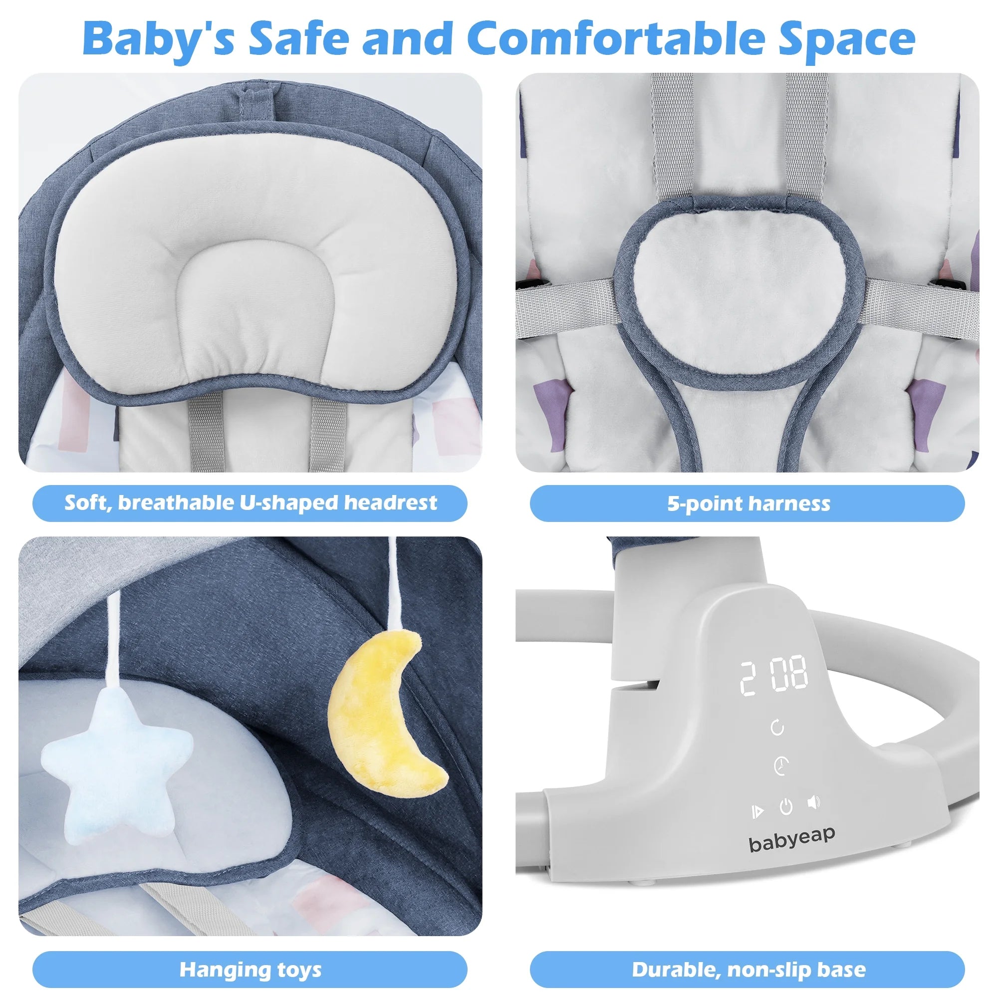 Baby Swing Para Bebés - Control Remoto Por APP Bluetooth, 5 Configuraciones De Velocidad, 10 Nanas, Enchufe USB (Azul)
