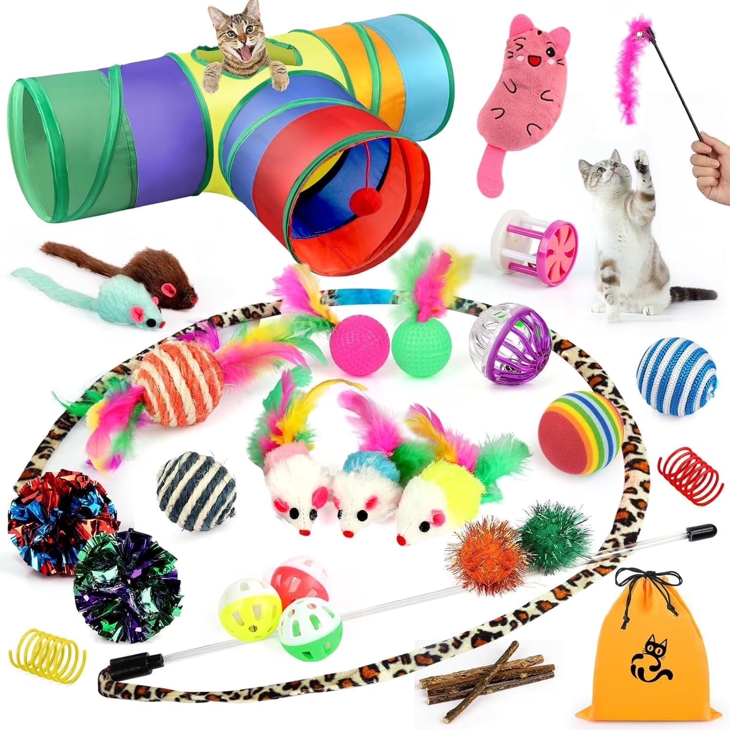 32 Pzas De Juguetes Para Gatos, Variedad Interactiva De Juguetes De Catnip Con Túnel Arcoíris Plegable, Juguete De Plumas Y Bolas Arrugadas Para Gatos, Gatitos, Cachorros