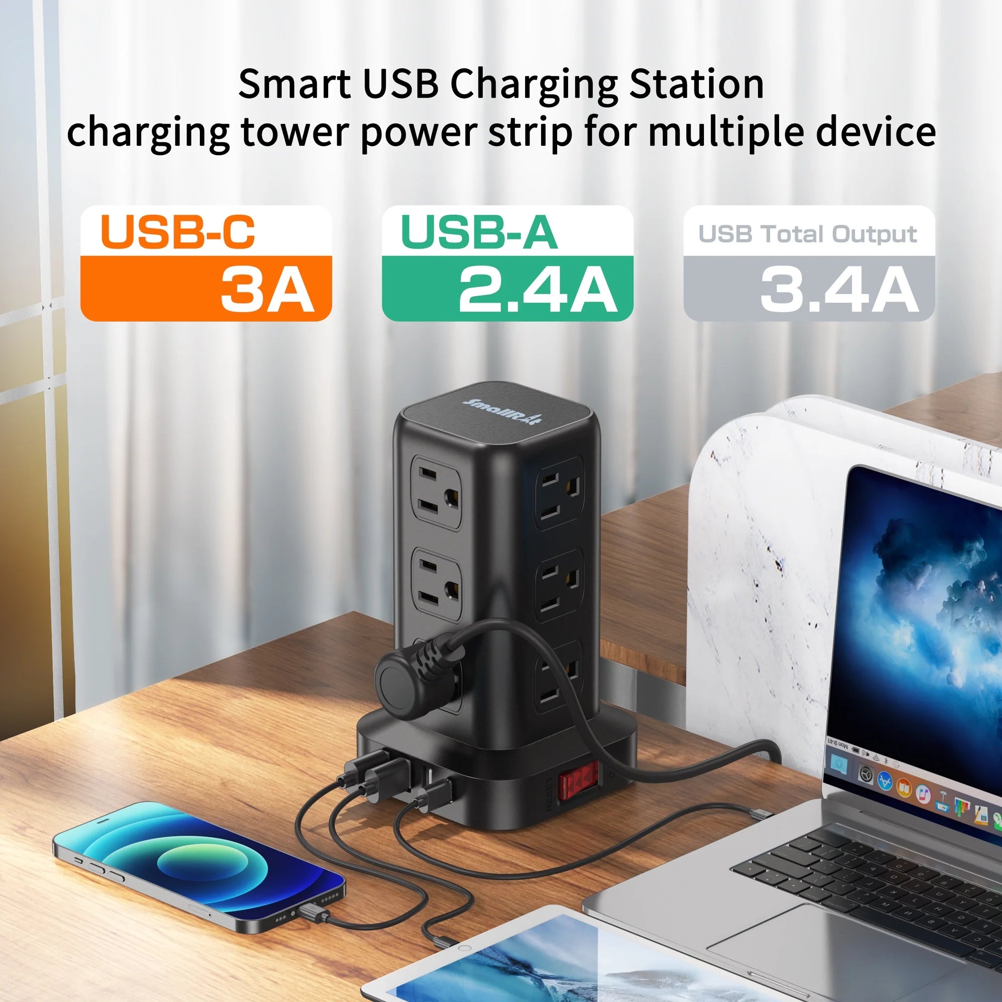 Torre De Regleta Con 12 Tomacorrientes Y 4 Puertos USB, Protector Contra Sobretensiones, Estación De Carga Eléctrica, Cable De 6.5 Ft, Negro