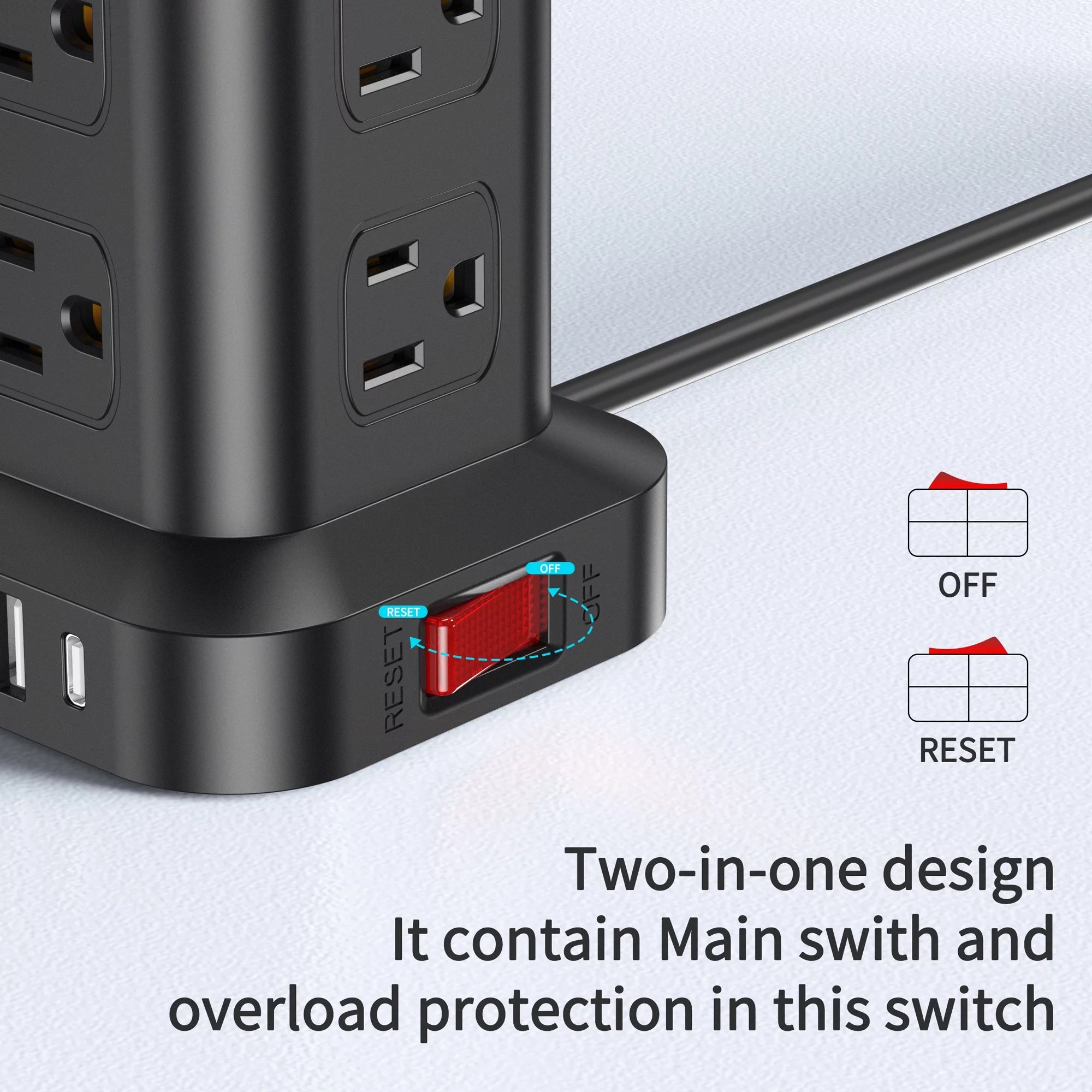 Torre De Regleta Con 12 Tomacorrientes Y 4 Puertos USB, Protector Contra Sobretensiones, Estación De Carga Eléctrica, Cable De 6.5 Ft, Negro