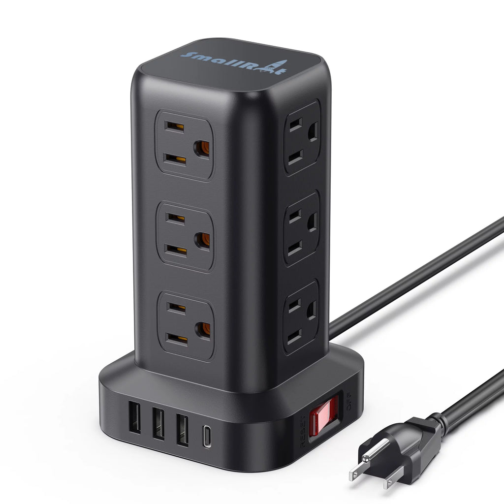 Torre De Regleta Con 12 Tomacorrientes Y 4 Puertos USB, Protector Contra Sobretensiones, Estación De Carga Eléctrica, Cable De 6.5 Ft, Negro